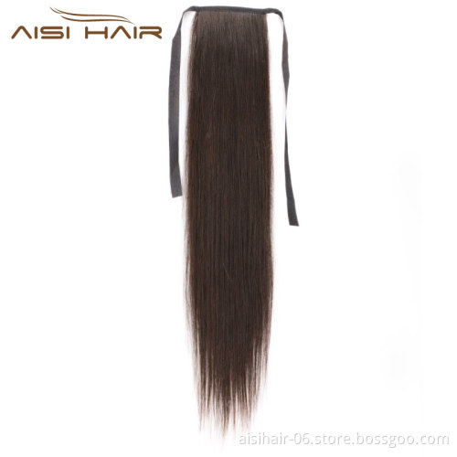 Aisi Hair 16 Inch Indian  Human Hair Ponytail Human Hair Extension Ribbon Straight Ponytail Extensions for Women